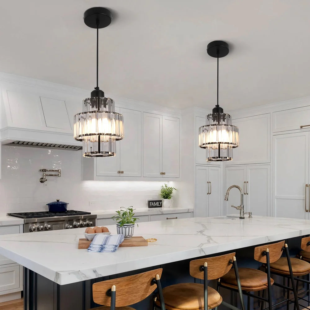 Crystal Pendant Light – Modern Iron & Crystal Chandelier, Gold or Black, Adjustable Height