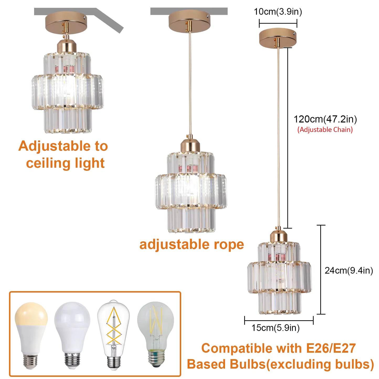Crystal Pendant Light – Modern Iron & Crystal Chandelier, Gold or Black, Adjustable Height