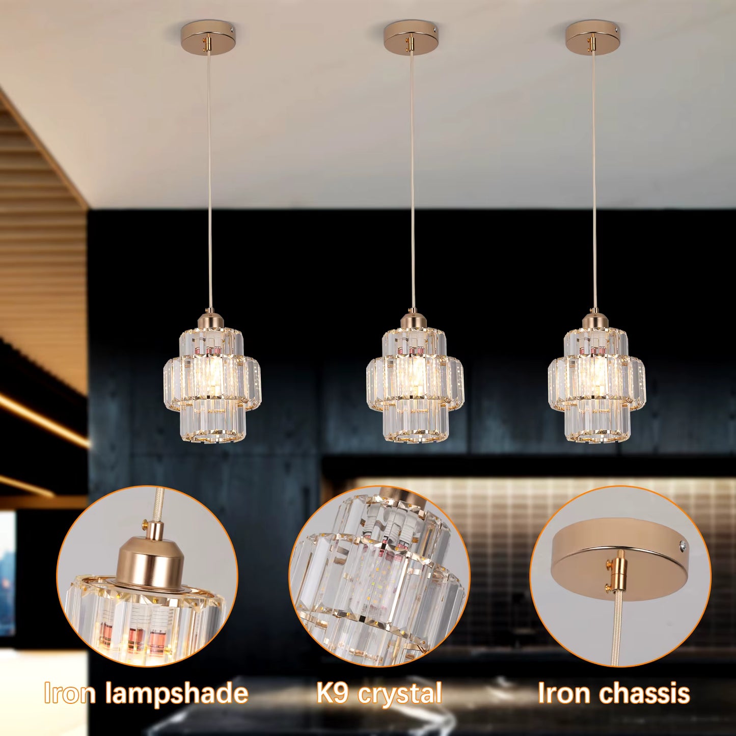 Crystal Pendant Light – Modern Iron & Crystal Chandelier, Gold or Black, Adjustable Height