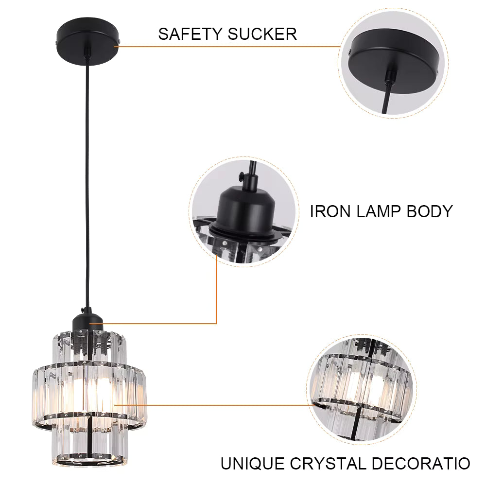 Crystal Pendant Light – Modern Iron & Crystal Chandelier, Gold or Black, Adjustable Height