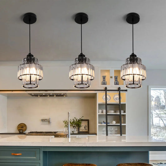 Crystal Pendant Light – Modern Iron & Crystal Chandelier, Gold or Black, Adjustable Height